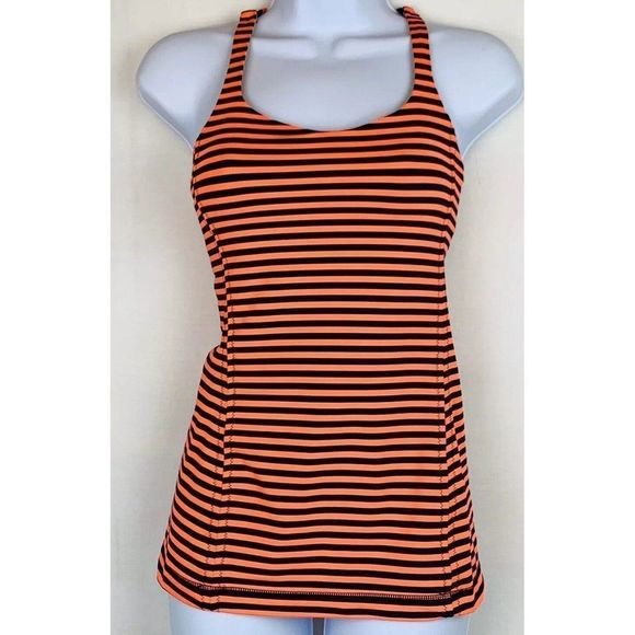 Lululemon Free To Be Tank Top Size 4 Orange‎ Navy Stripes Shelf Bra Luon - Picture 3 of 8